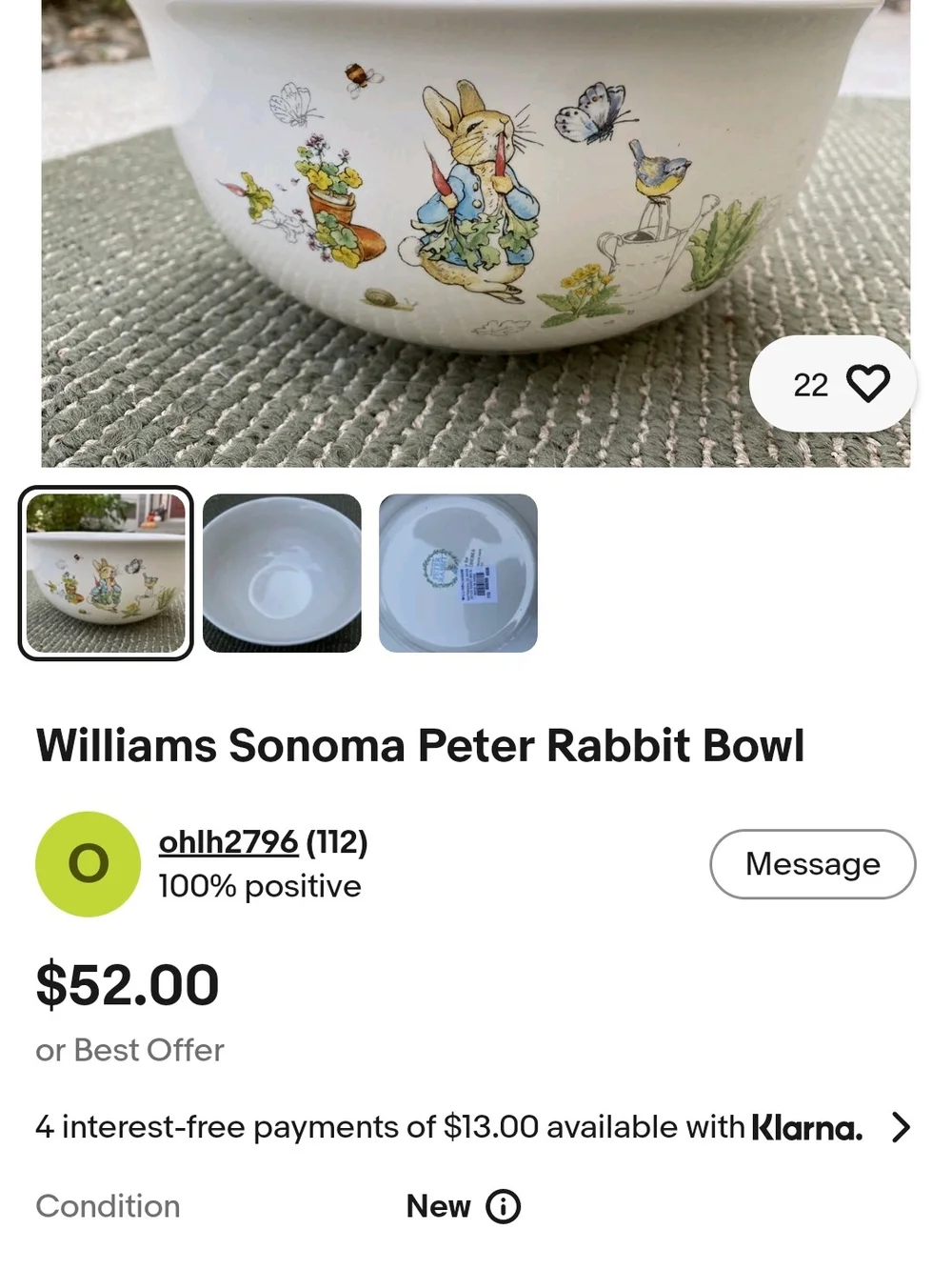 Williams-Sonoma Peter Rabbit Ceramic Bowl